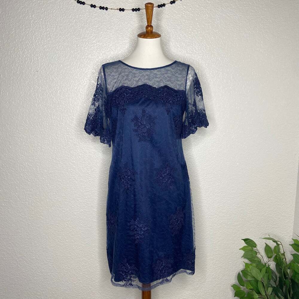 Adrianna Papell Semi Sheer Embroidery Navy Shirt Dress